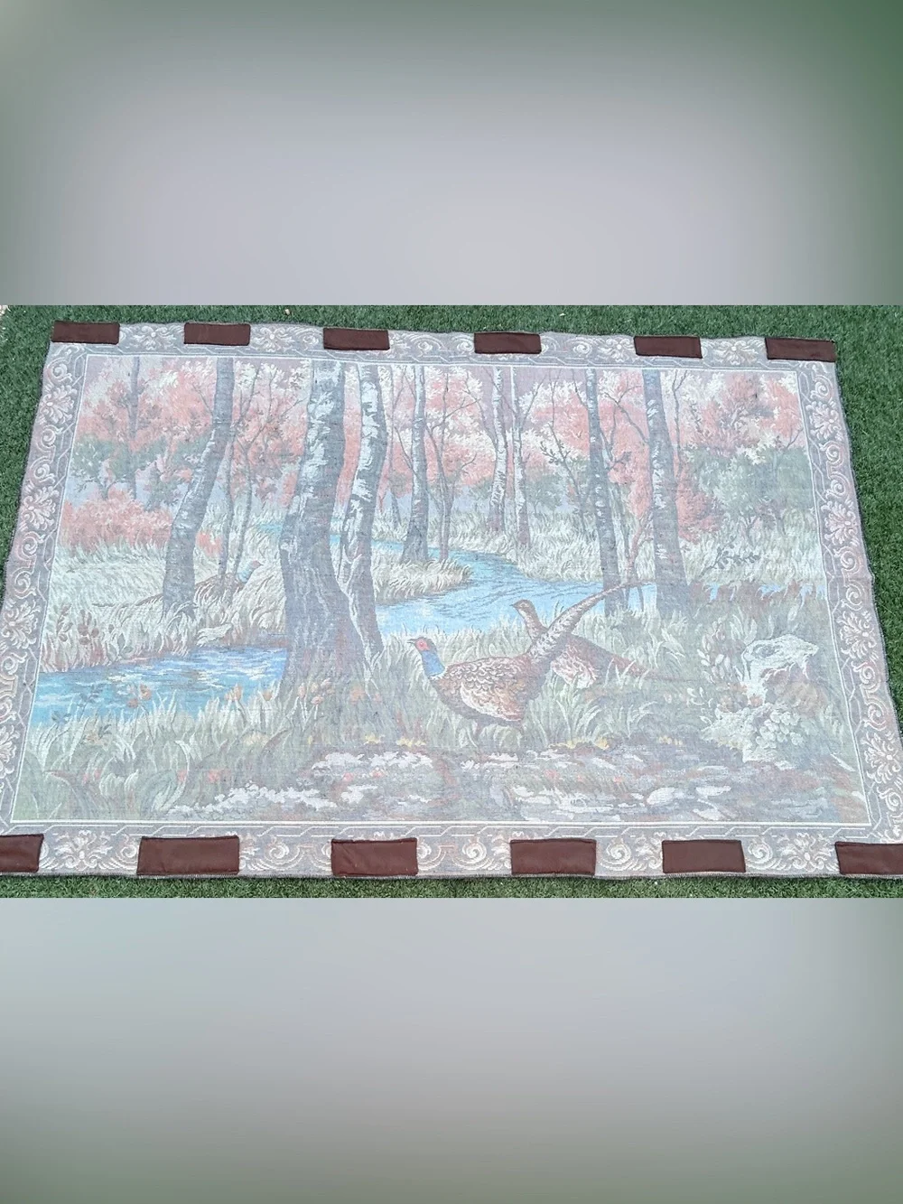 Autumn Pheasant Landscape Wall Tapestry in Rust and Blue